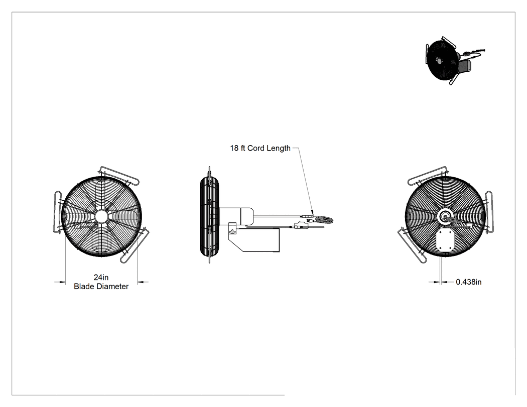 Teknik Çizim - Yüksek Görünürlüklü Fan, Duvar Montajı, 24" Bıçak Çapı