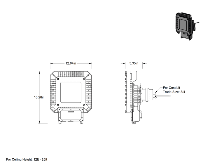 Teknik Çizim - Paslanma ve Aşınmaya Dayanıklı Yıkama Bölmesi Işığı, 16-9/32" Uzunluk x 12-31/32" Genişlik x 5-11/32" Yükseklik, 15000 lümen