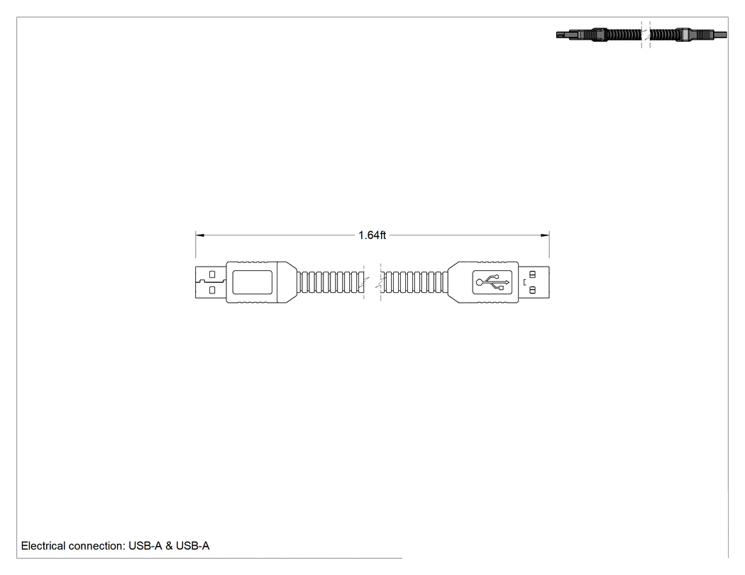 Teknik Çizim - Ezilmeye Dayanıklı USB Kablosu, PVC Yalıtımlı USB-A x USB-A Fişi, 1 Fit Uzunluğunda