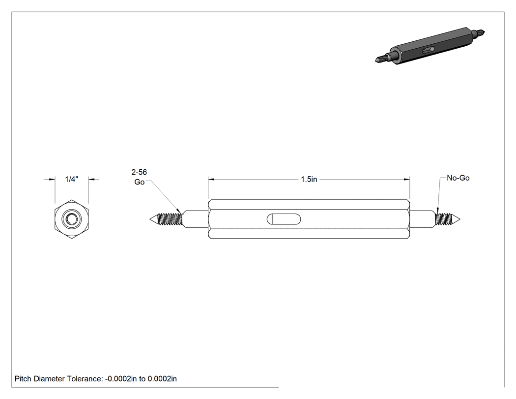 Teknik Çizim - Go/No Go Helisel Insertlı Dişli Tıkaç Ölçer, Kulp ve Doğruluk Sertifikalı, 2-56 Diş Boyutu