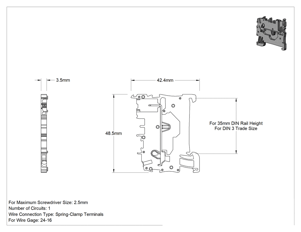 Teknik Çizim - Hızlı Bağlantılı Tak-Çıkar Modüler DIN Rayı Montajlı Klemensler, 3.5 mm Genişlik x 48.5 mm Yükseklik, Mavi