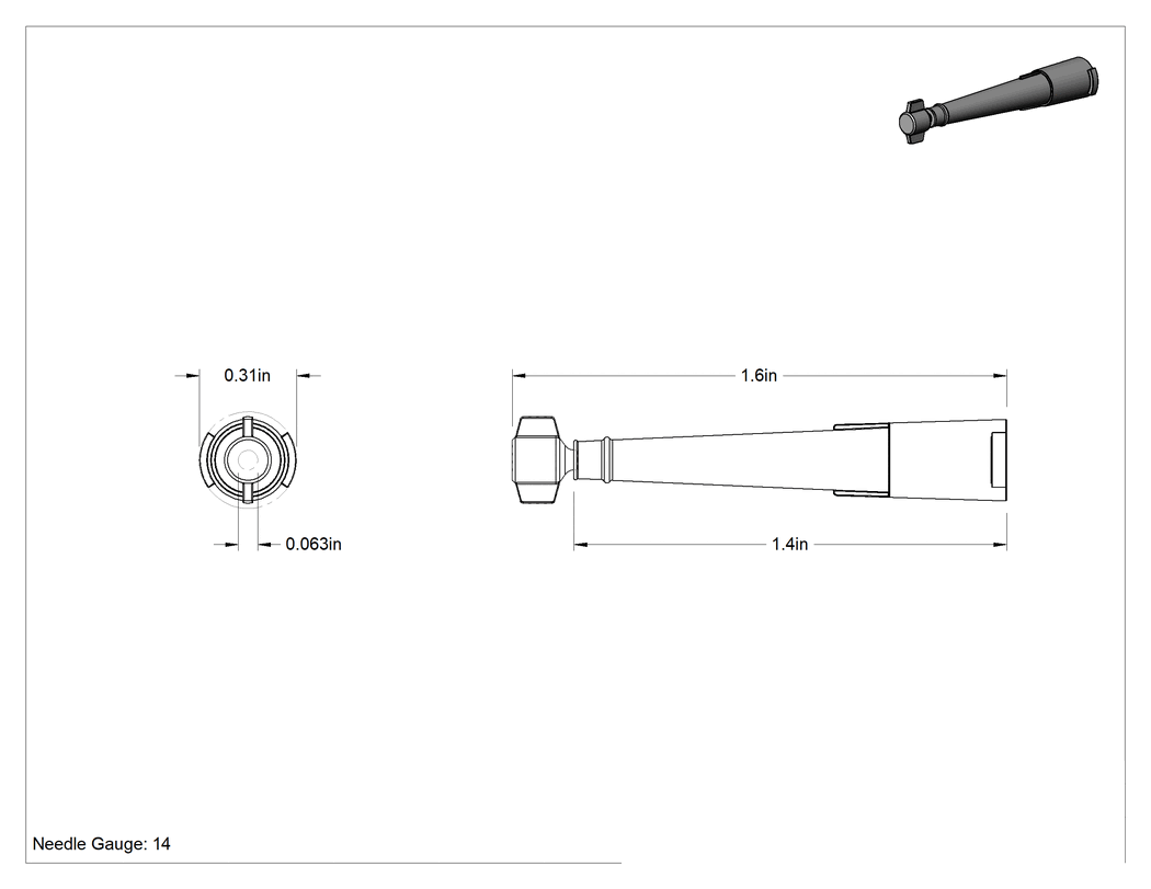 Teknik Çizim - Luer Lock Bağlantılı Şırınga Ucu, Yeniden Kapatılabilir Kapaklı Konik Uç, 14 G