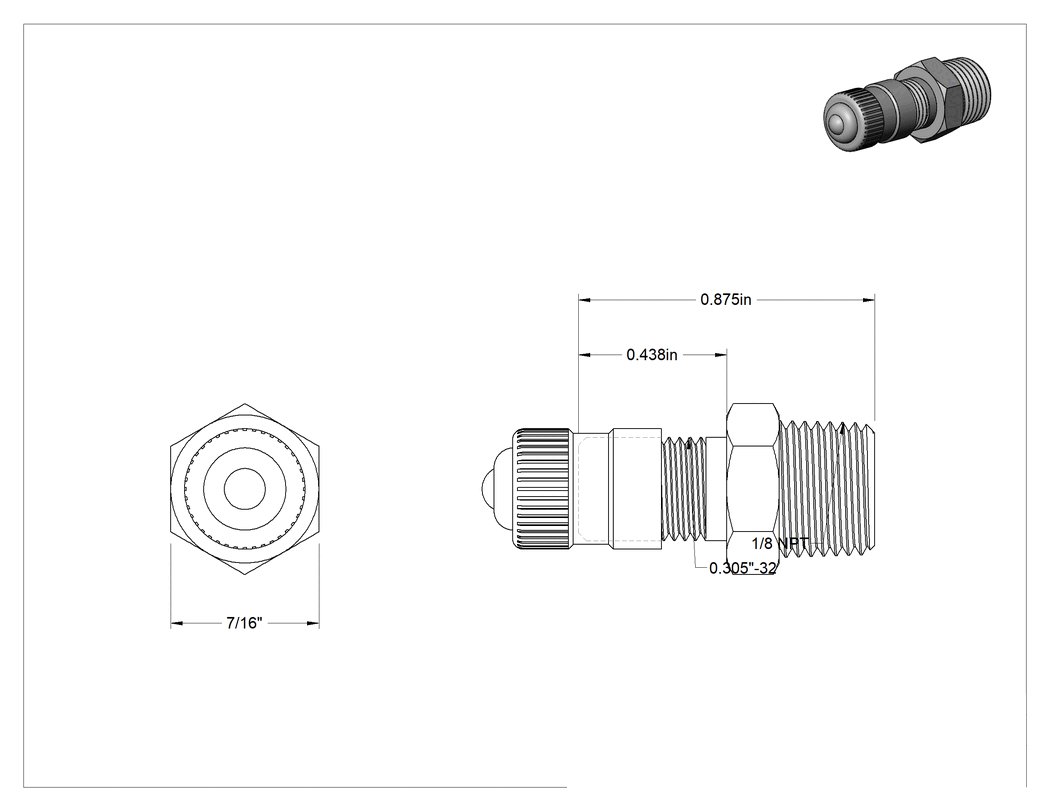 Teknik Çizim - Hava Doldurma Vanası, Nikel Kaplı Pirinç, NPT x 7/16" Uzunluğunda Schrader, 200 PSI