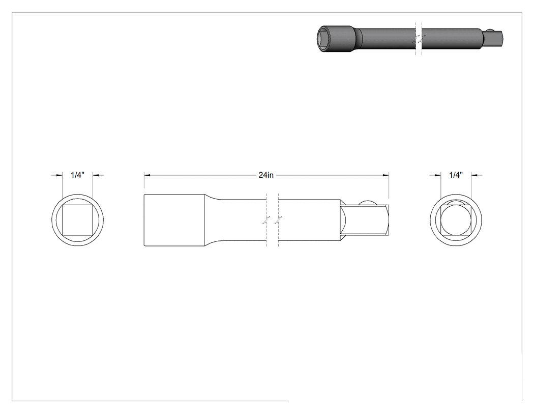 Teknik Çizim - 1/4" Kare Tahrik Soket Uzatma, Krom, 24 inç Uzunluk