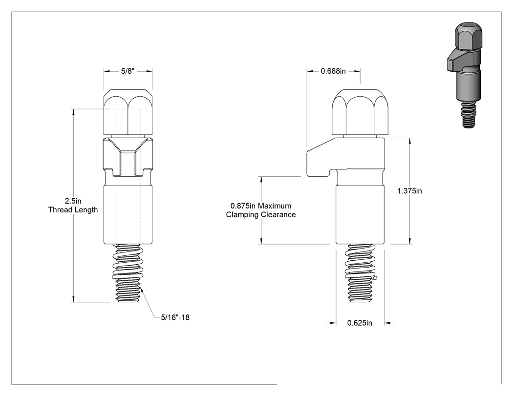 Teknik Çizim - Sabitleme Fikstürü Kelepçesi, Kapak Somunlu Topuz Başlı Vida, 7/8" Maksimum Boşluk
