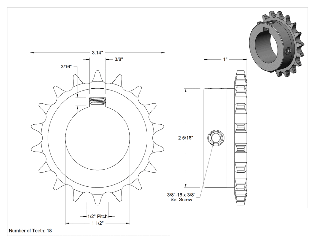 Teknik Çizim - Çelik Tek Sıralı Dişli, ANSI 40 Makaralı Zincir ve 1-1/2" Mil Çapı için, 18 Diş