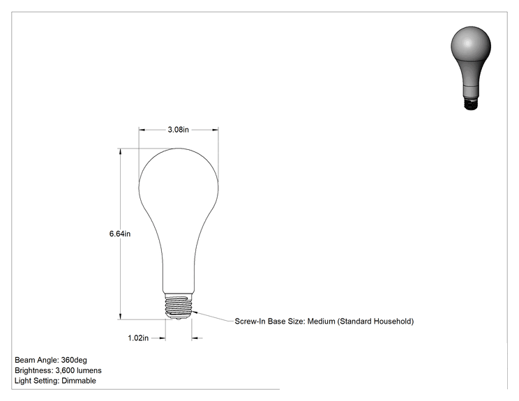 Teknik Çizim - Vidalı Taban Ampul, Yüksek Sıcaklık, Armut, 300W, 3600 lümen