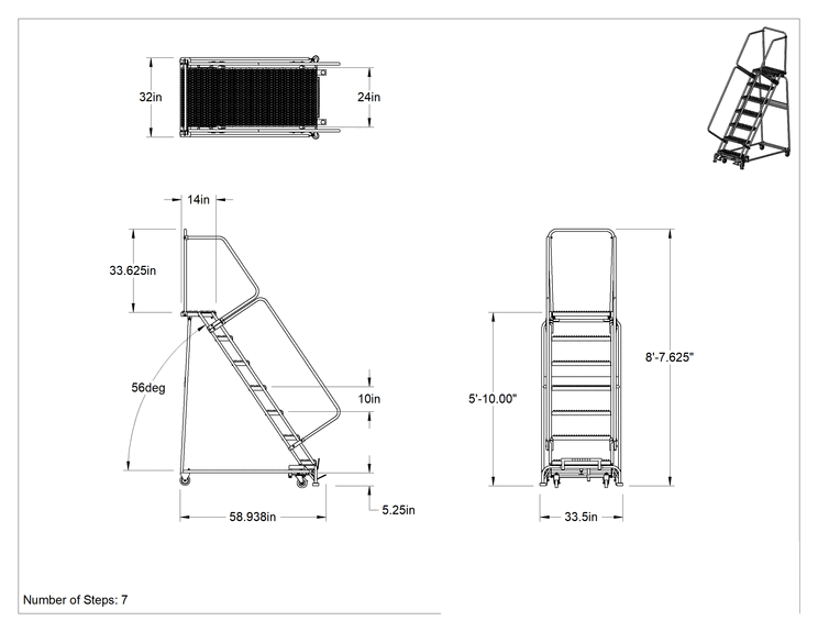 Teknik Çizim - Montajlanmamış Tırtıklı Platformlu Tekerlekli Merdiven, 7 Kademeli, 5'10" Yükseklik x 14" Derinlikte Platform, 8'7" Toplam Yükseklik