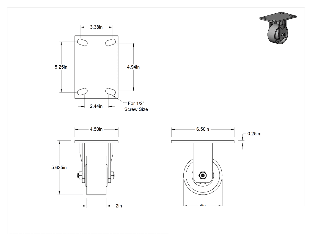 Teknik Çizim - 6-1/2" x 4-1/2" Plakalı Yüksek Kapasiteli Vulcan Tekerlek, 4 inç Çapında Metal Tekerlekli Sert