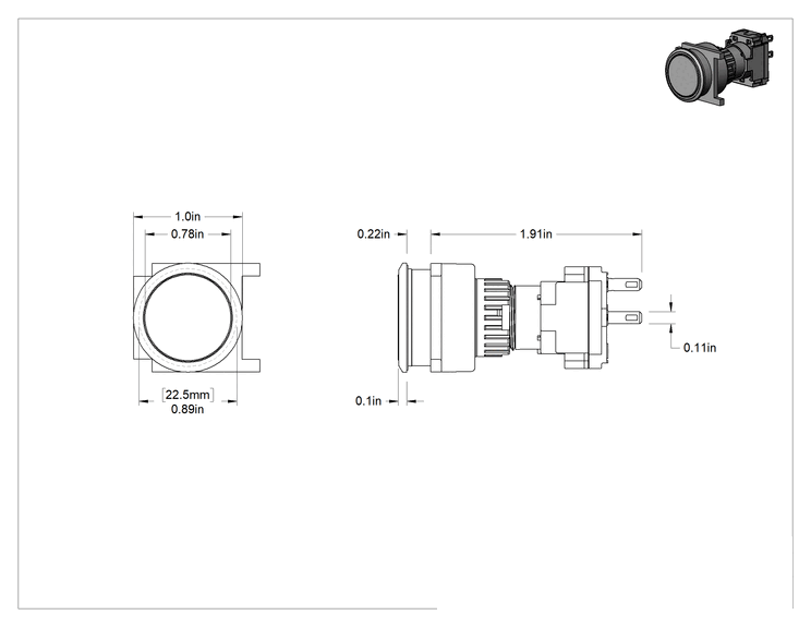 Teknik Çizim - Metal 22 mm Panel Montajlı Basmalı Düğme Anahtarı, Faston Terminaller, Kalıcı Konumlu, SPST-NO