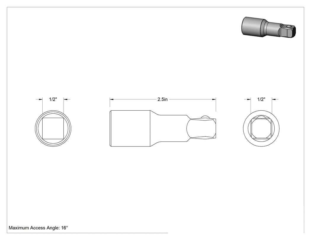 Teknik Çizim - 1/2" Kare Tahrikli Oynak Soket Uzatma, 2-1/2" Uzunluk