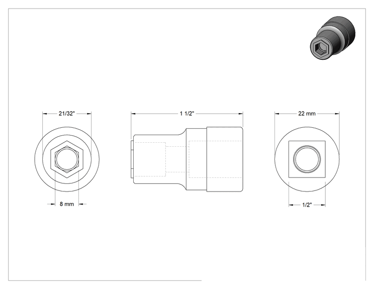 Teknik Çizim - Yaralamayan Altı Uçlu Soket, 8 mm Boyut