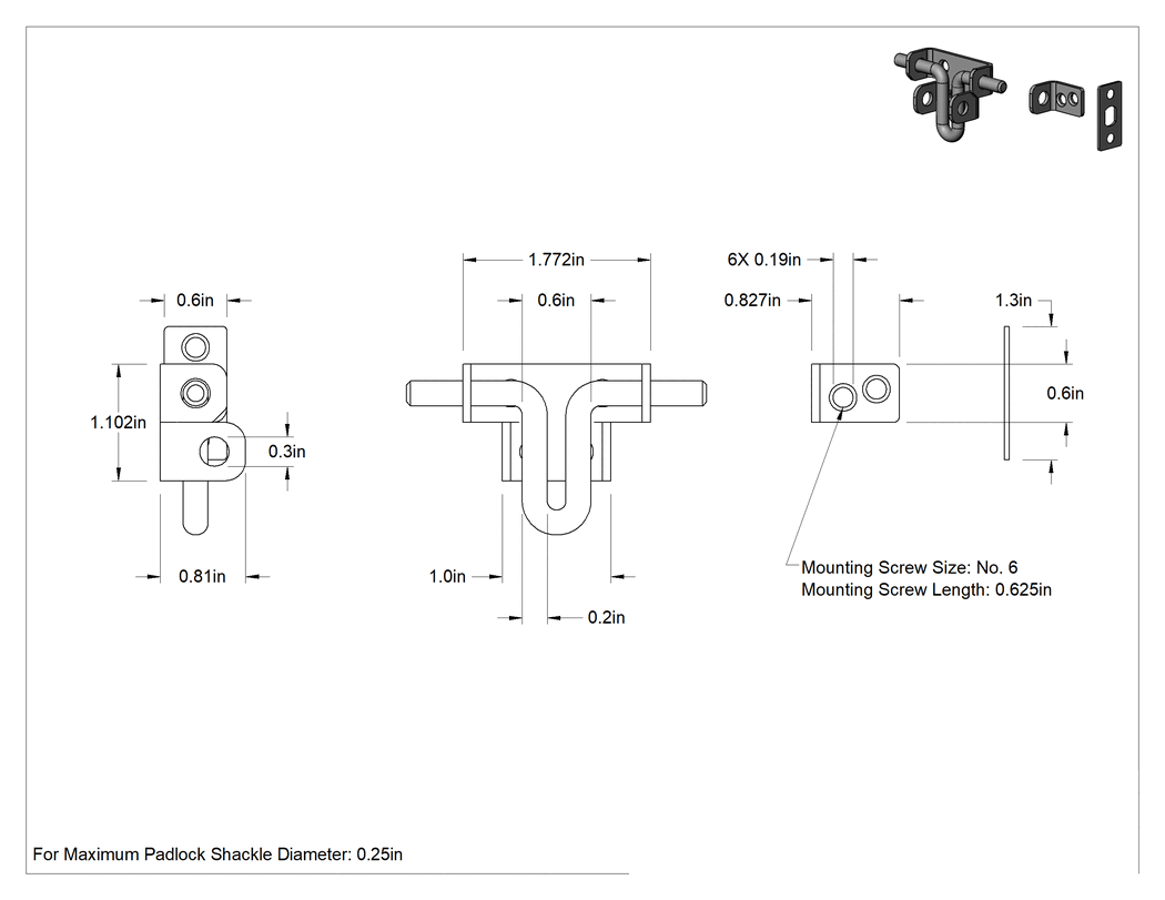Teknik Çizim - Kaldırma ve Bırakma Namlu Asma Kilitli Mandal, Kolay Tutuş, Kayan Cıvata, 304 Paslanmaz Çelik, 1-13/16 inç Genişlik x 1-1/8 inç Yükseklik