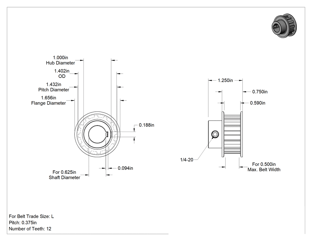 Teknik Çizim - Triger Kayışı Kasnağı, L Serisi, 5/8" Kamalı Mil, 1/2" Maksimum Kayış Genişliği, 1.402" Dış Çap