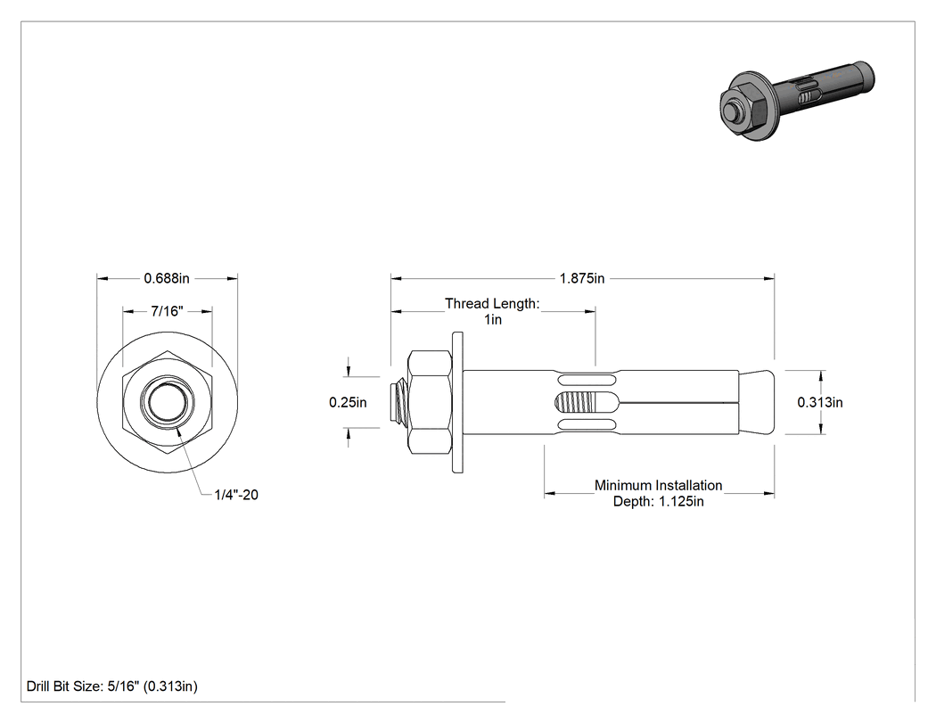 Teknik Çizim - 18-8 Paslanmaz Çelik Altıköşe Somunlu Gömlekli Dübeller, Blok ve Tuğla için, 5/16" Çap, 1-7/8" Uzunluk