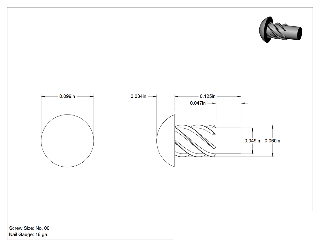 Teknik Çizim - Çinko Kaplı Çelik Vida Çivileri, Metal için, Plastik ve Kontrplak, 00 Boyut, 1/8" Uzunluk