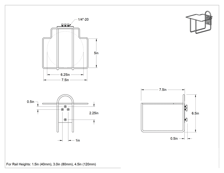 Teknik Çizim - T-Yivli Çerçeve, 1.5" ve 40 mm Yüksekliğinde Raylı Çelik Tel Şişe Tutucu