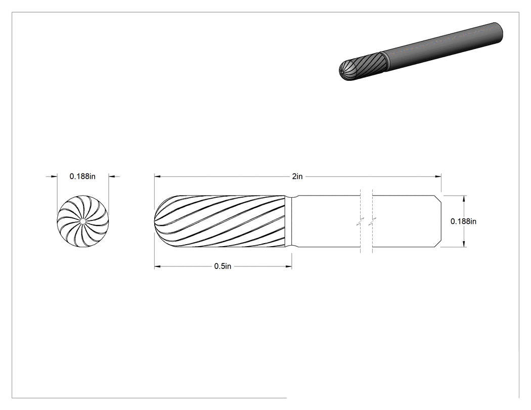 Teknik Çizim - 3/16" Çaplı Şaftlı Karbür Freze Ucu, Yuvarlak Silindir, Ticaret No. SC-81, Tek Kesimli Diş