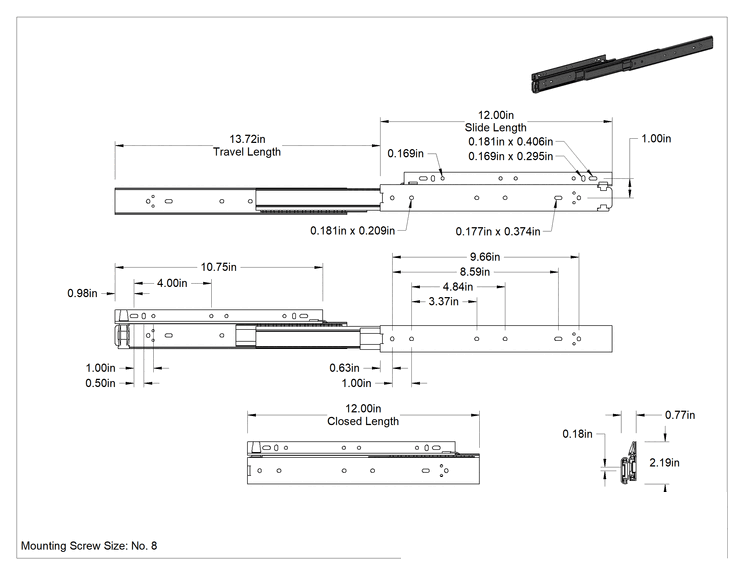 Teknik Çizim - 304 Paslanmaz Çelik Çekmece Kılavuzları, Düğmeli Çekmece Açma Mekanizmalı, 12" Kapalı Uzunluk