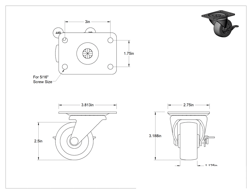 Teknik Çizim - Cart-Smart Tekerlek, Frenli Döner Tekerlek, 2-1/2" Çap 75D Durometre Kauçuk Tekerlek