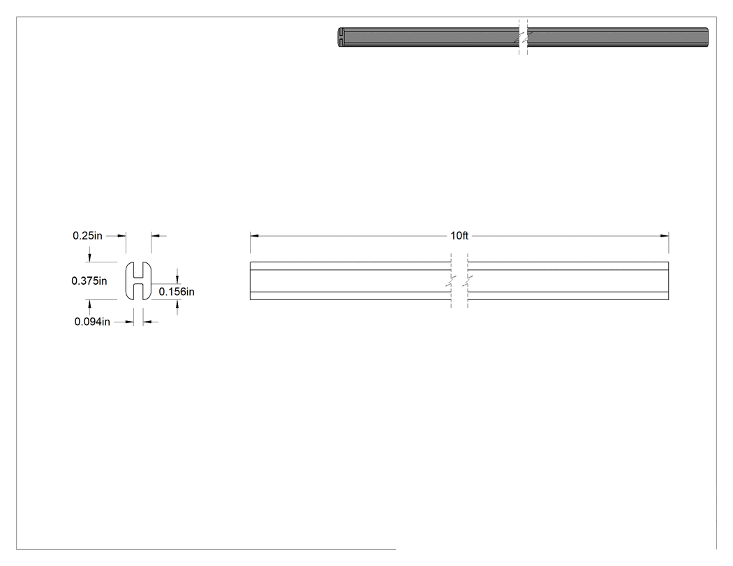 Teknik Çizim - Suya ve Hava Koşullarına Dayanıklı Takmalı H-Conta, 0.094 inç Kenar Kalınlığına Uygun, 1/4" Genişlik, 3/8" Yükseklik, 10 Fit Uzunluk