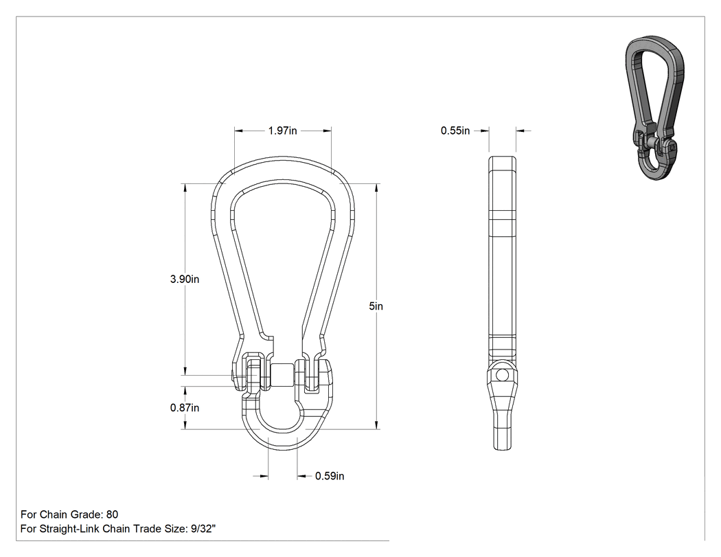 Teknik Çizim - Çıkarılabilir Armut Zinciri Bağlantı Halkası, Kaldırma için, Sınıf 80, 9/32" ve 5/16" Zincir Boyutu için