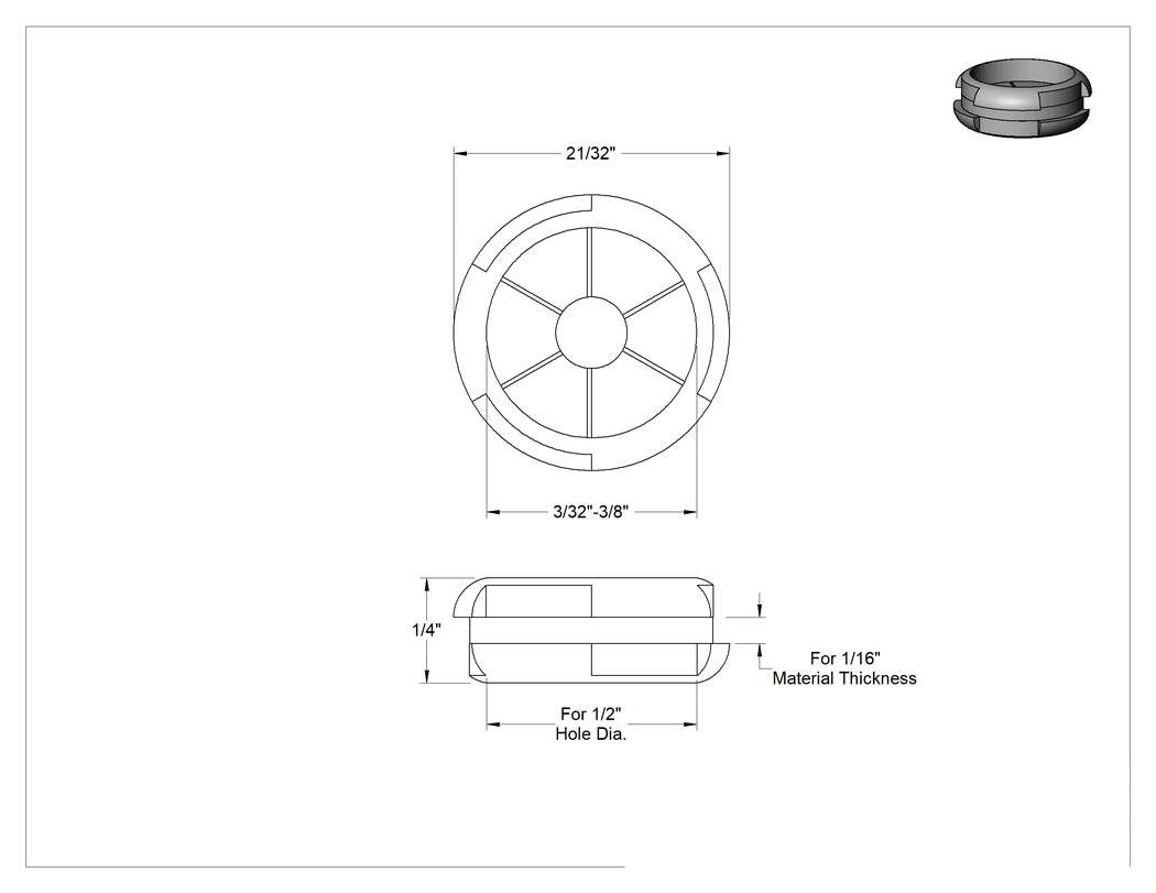 Teknik Çizim - 1/2" Delik Çapı için Esnek Tutuşlu Grometler