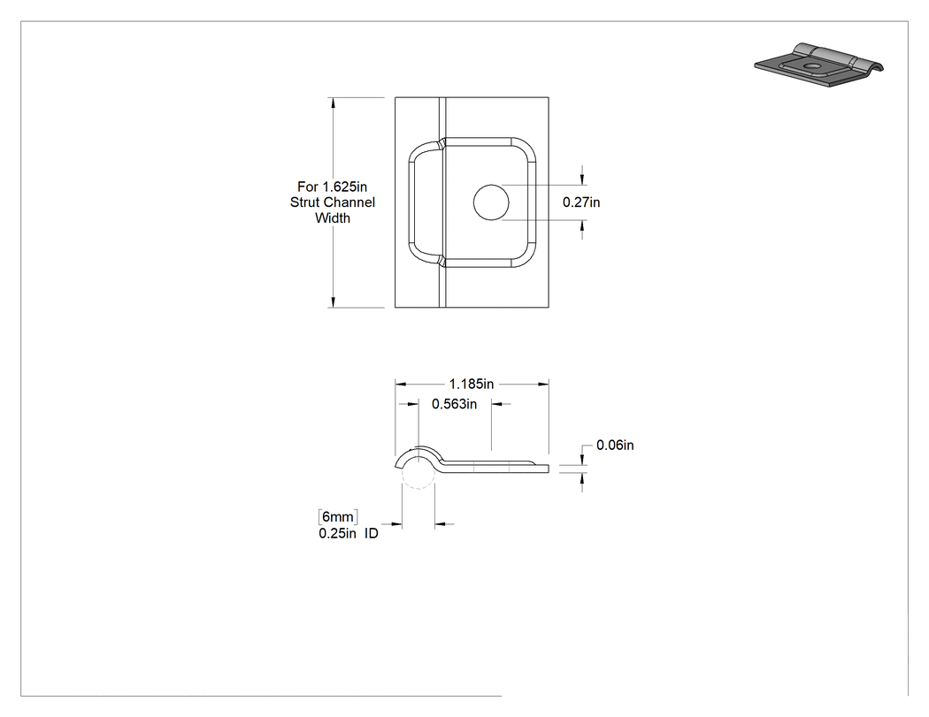 Teknik Çizim - Düşük Profilli Dikme Montajlı Metal Yönlendirme Kelepçesi, 1/4" İç Çap