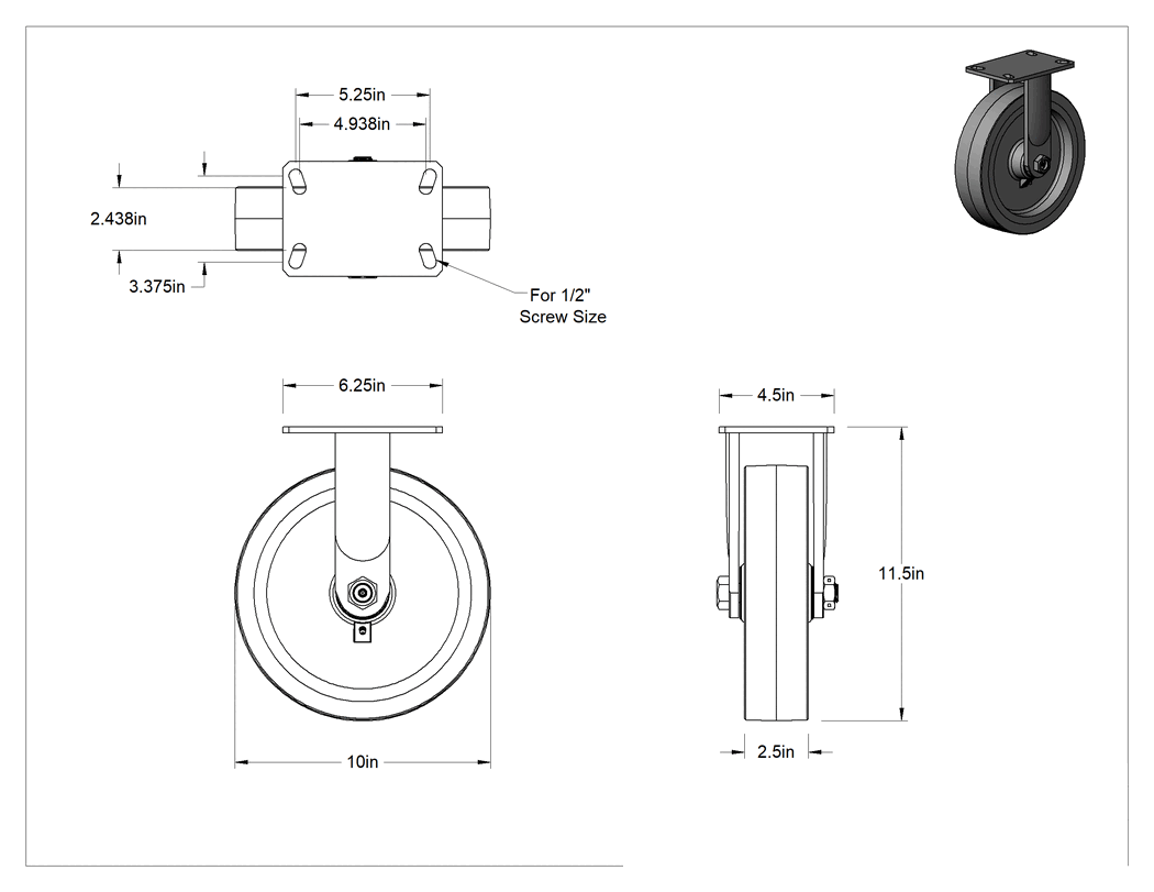 Teknik Çizim - 6-1/4" x 4-1/2" Plakalı Viking Tekerlek, Ekstra Yüksek Kapasiteli, 10" Çapında Poliüretan Tekerlekli Sert