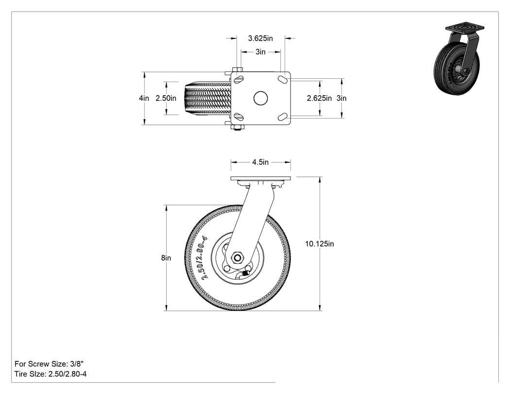 Teknik Çizim - 4-1/2" x 4" Plakalı Tekerlek, Döner, 8" Çapında Gri Kauçuk Pnömatik Tekerlekli