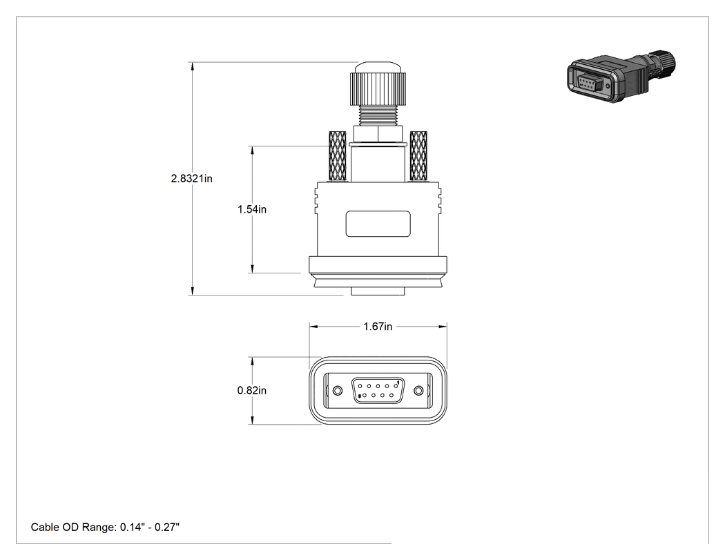 Teknik Çizim - Yıkanabilir D-Sub Konektörler, Düz Arka Kabuk Soketi, DB9 Bağlantısı
