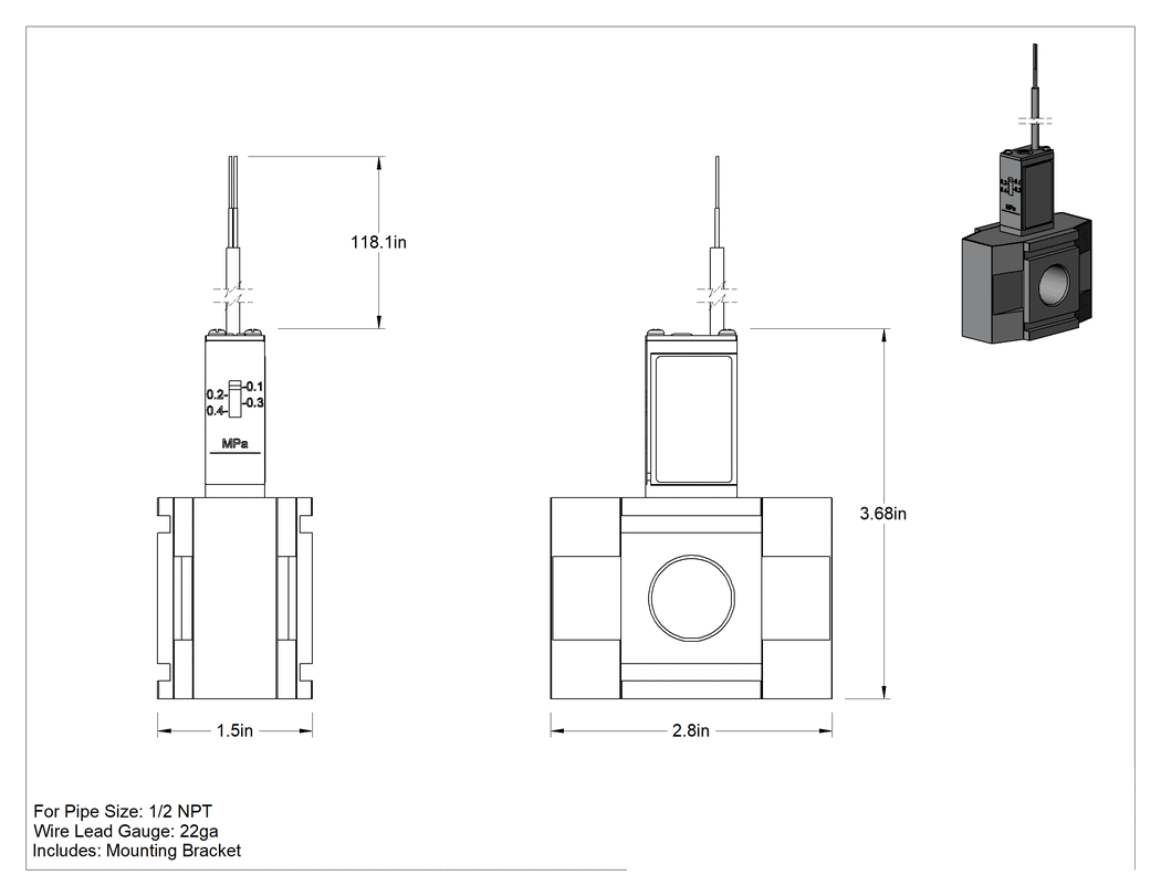 Teknik Çizim - SMC Modüler FRL Basınç Şalteri, Seri AC40-D ve 1/2 Boru Boyutu için
