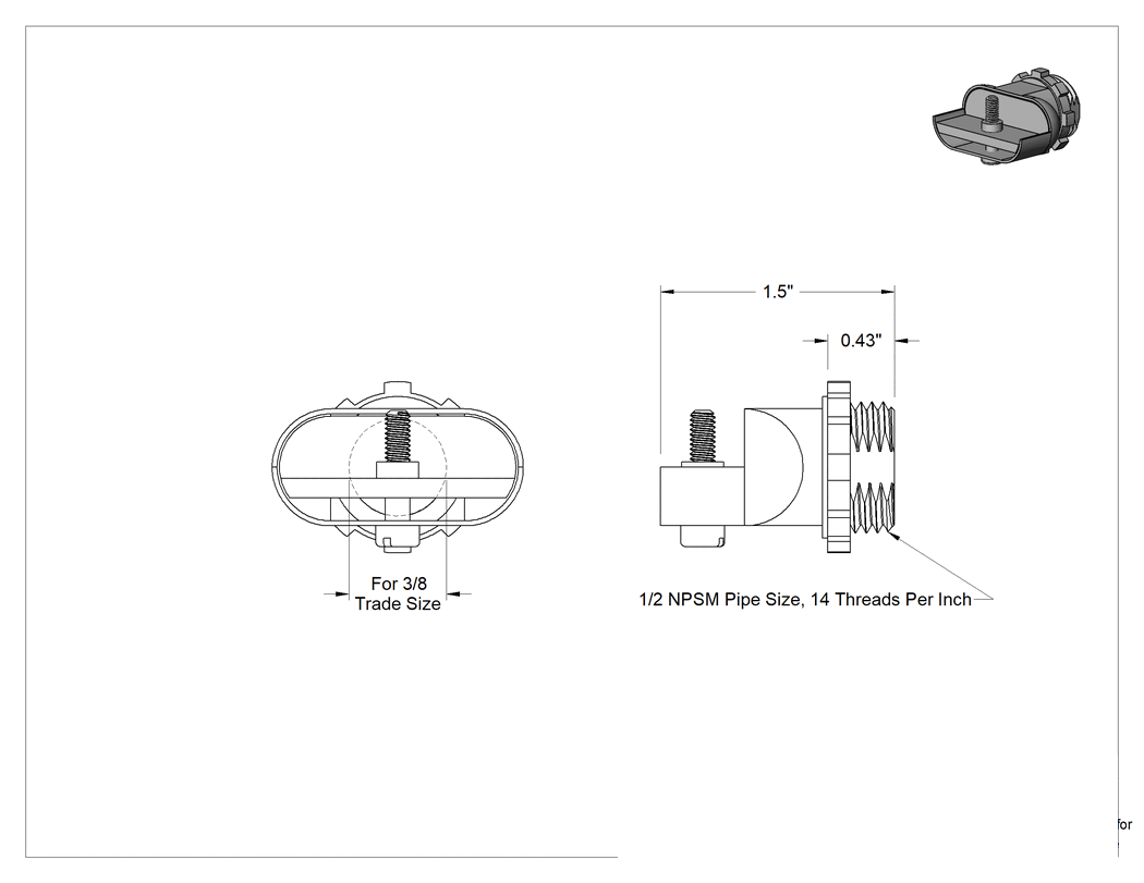 Teknik Çizim - 3/8 Kanal x 1/2 NPSM Erkek Y Adapteri, Esnek Metal Kanal ve Zırhlı Kablo için