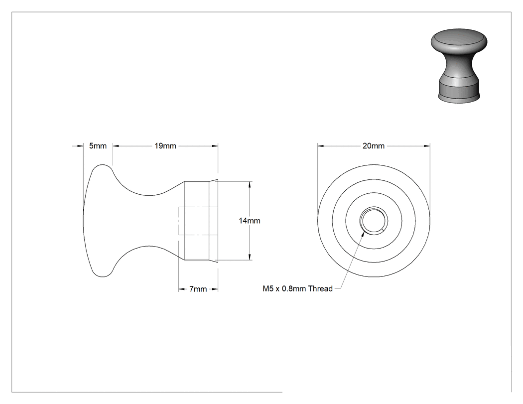 Teknik Çizim - Hijyenik Dişli Delikli Montajlı Çekme Düğmesi, M5 x 0.8 mm Diş, 7 mm Derinlik