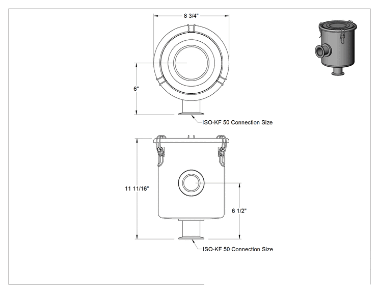 Teknik Çizim - Yüksek Vakumlu Hava Emme Filtresi, Hızlı Kelepçeli Bağlantı, Flanş Boyutu 50, 2.95" Flanş Dış Çapı