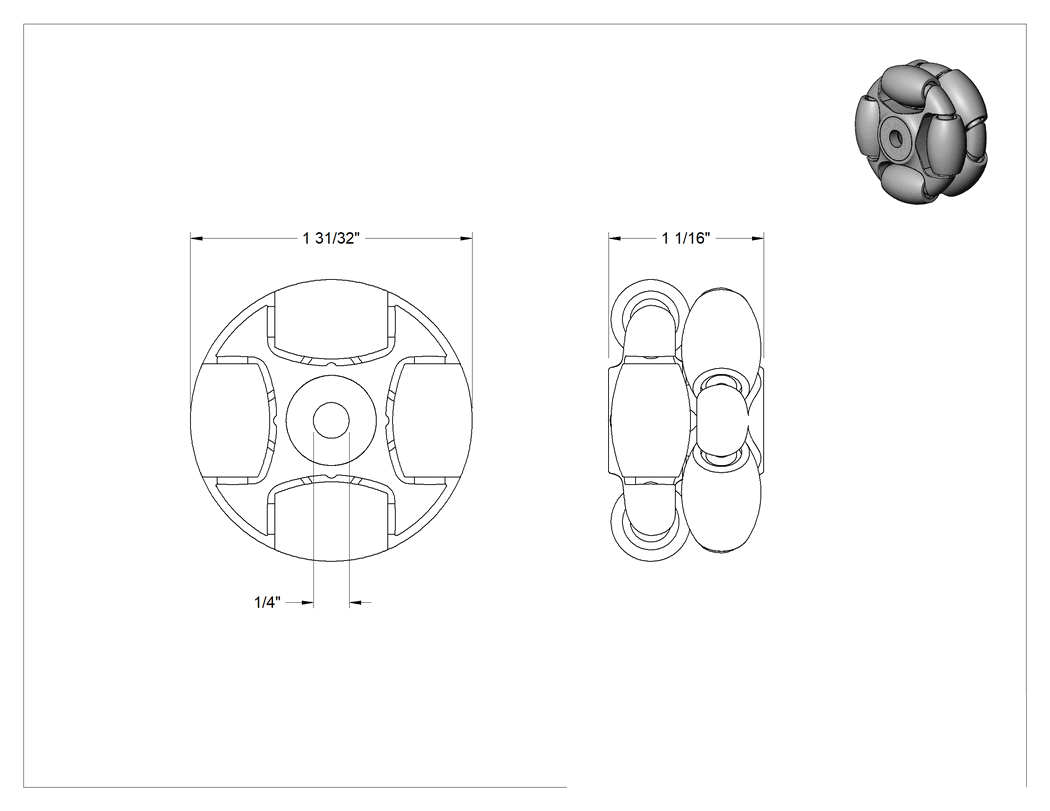 Teknik Çizim - Poliüretan Çok Yönlü Paten Tekerleği, Naylon Göbekli, İki adet 1-31/32" Çapında Tekerlek, 1/4" Aks Çapı için