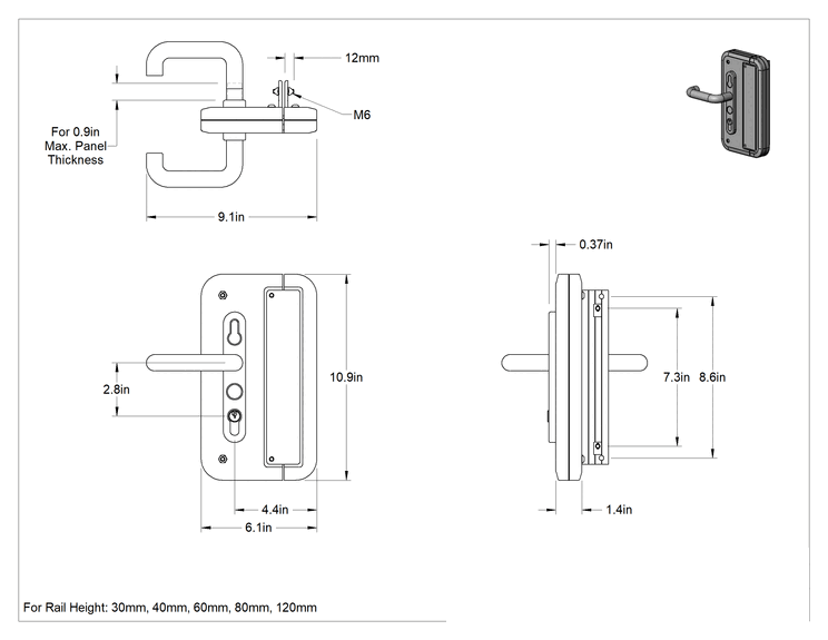 Teknik Çizim - T-Yivli Çerçeve, 30 mm ve 40 mm Yüksekliğinde Tek Ray için Kilitli Kapı Kolu