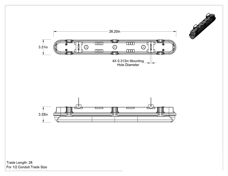 Teknik Çizim - Dahili LED'li Yıkanabilir Tavan Işığı, ABD Dışında Üretilmiştir, Yedek Pilli, 26-1/4" Uzunluk