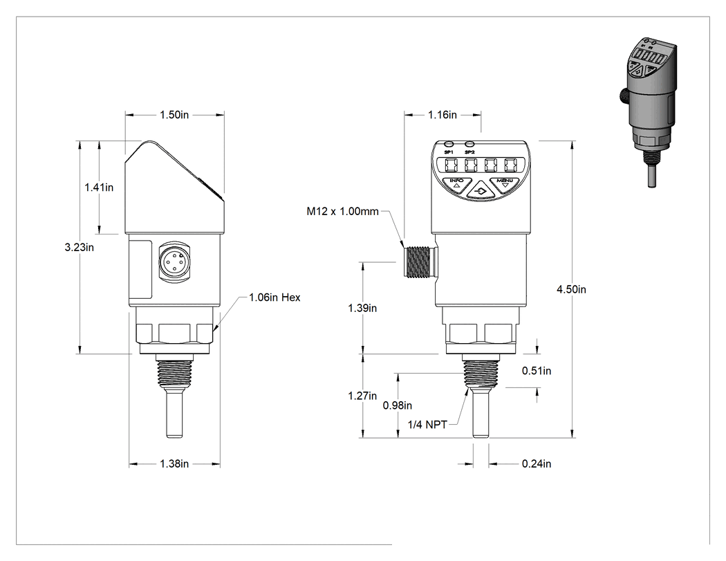 Teknik Çizim - Dijital Ekranlı Elektronik Sıcaklık Anahtarları, 0° - 170°F Sıcaklık Aralığı, 1/4" Çap x 1" Uzunlukta Prob
