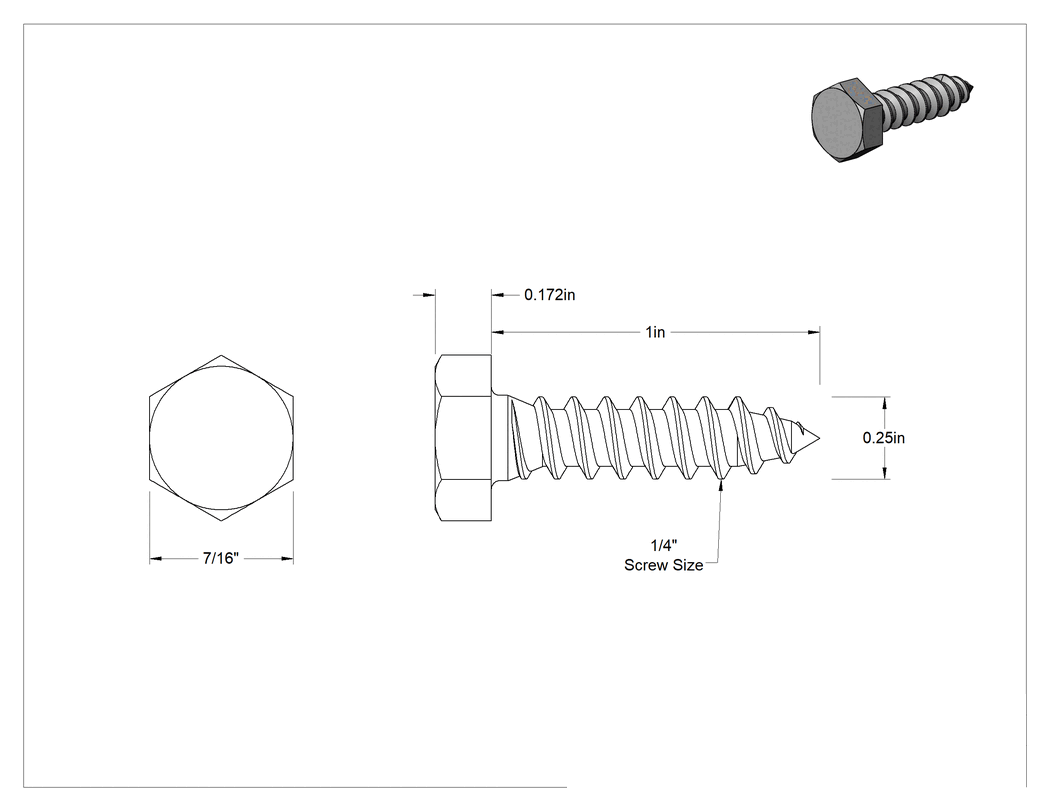 Teknik Çizim - Siyah Oksit Çelik Altıköşe Başlı Ahşap Vida, 1/4" Vida Boyutu, 1" Uzunluk