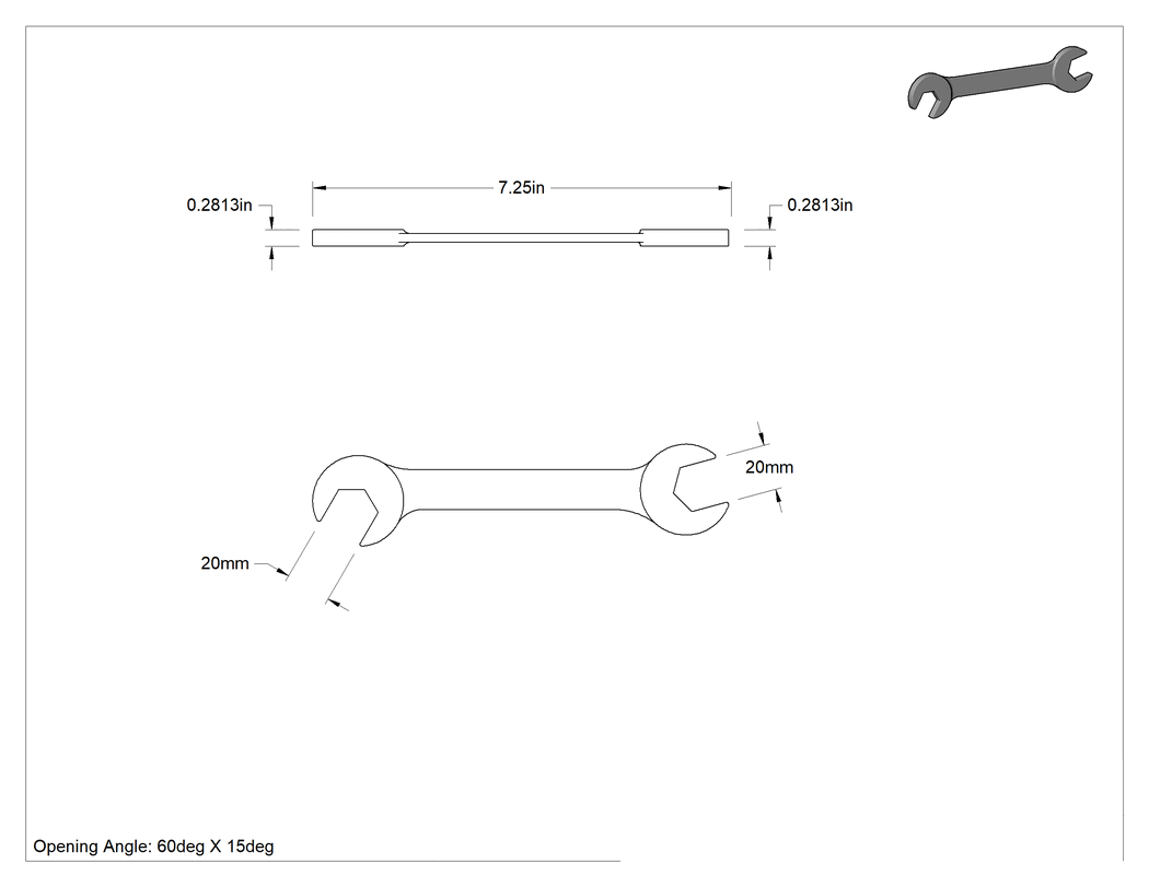 Teknik Çizim - 60 Derece Açılı Açık Uçlu Anahtar, Mat Krom Kaplaması, 20 mm x 20 mm Boyut, 7-1/4" Uzunluk