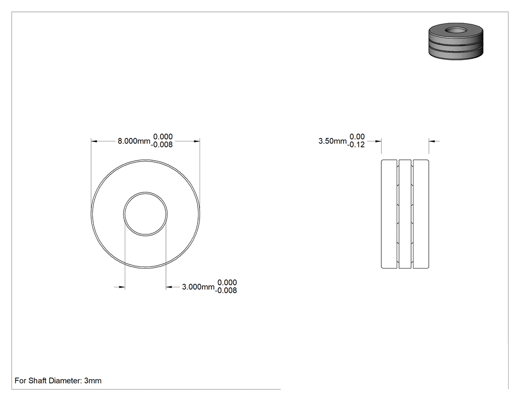 Teknik Çizim - Eksenel Bilyalı Rulman, 3 mm Mil Çapı için, 8 mm Dış Çap, 3.5 mm Kalınlık