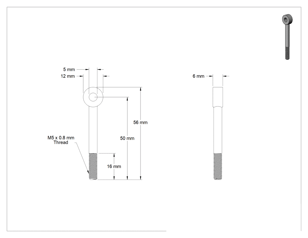 Teknik Çizim - Sağ Yönlü Kısmen Gijon Ucu Cıvatası, M5 x 0.8 mm Boyut, 50 mm Merkez Uzunluğu, 16 mm Diş Uzunluğu, 75000 PSI