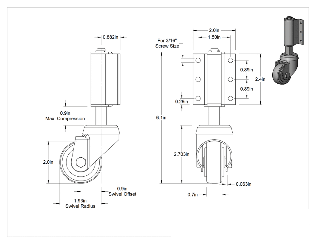 Teknik Çizim - Yan Montajlı Tekerlekler, 2 inç Çap x 11/16 inç Genişlikte 80A Çekirdek Tekerlek Üzerinde Dişli