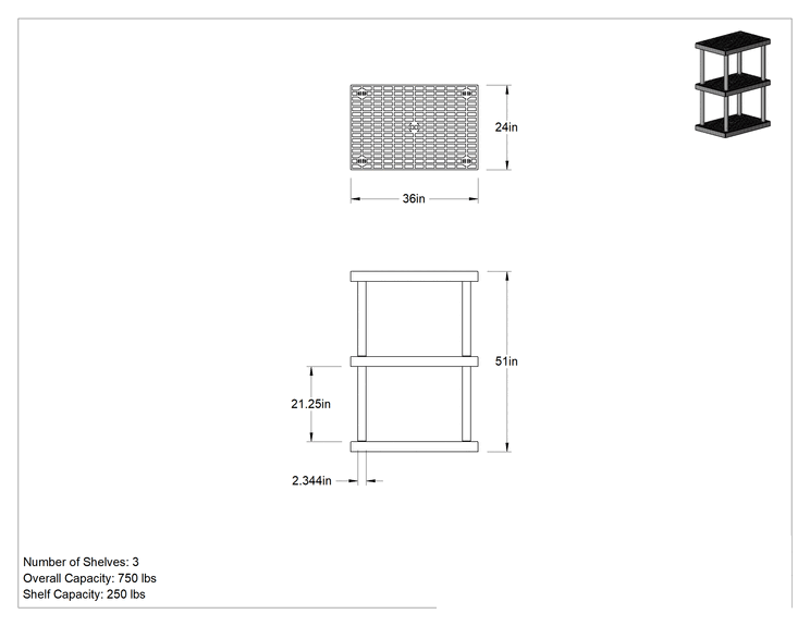 Teknik Çizim - Hızlı Montajlı Havalandırmalı Plastik Raf, 3 Raflı, 36" Genişlik x 51" Yükseklik x 24" Derinlik