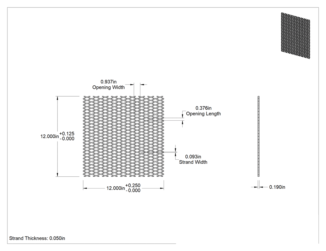 Teknik Çizim - Genişletilmiş Sac Panel, Yükseltilmiş 3003 Alüminyum, 12" X12" X0.190", 0.938 inç Genişliğinde Açıklık