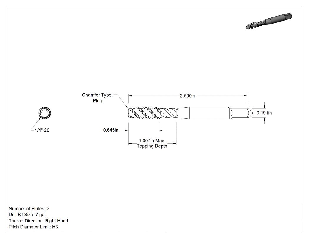 Teknik Çizim - Yüksek Hızlı Çelik Talaş Temizleme Kılavuzu, Kör Delik için, TiCN Kaplamalı, Orta Ağız, 1/4"-20 Boyut