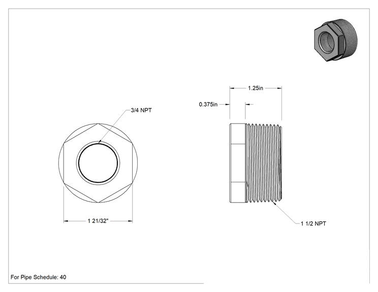 Teknik Çizim - Düşük Basınçlı Pirinç Dişli Boru Bağlantı Elemanı, Sekizgen Gövdeli Burç Adaptörü, 1-1/2 Erkek x 3/4 Dişi