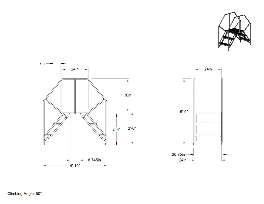Teknik Çizim - Bağımsız Çapraz Merdiven, 5' Yükseklik x 30" Genişlik x 4'10" Derinlik Toplam