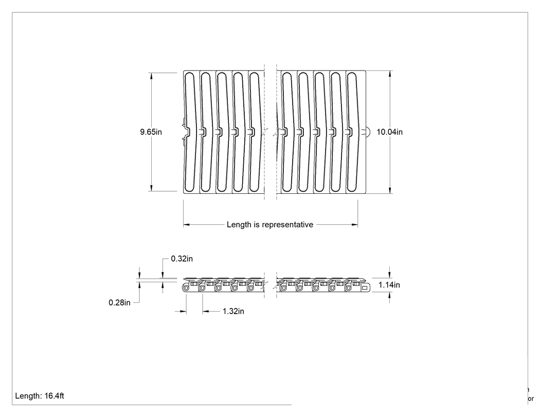 Teknik Çizim - Modüler Mini Zincirli Konveyör için Pürüzlü Yüzeyli 10-1/4" Genişlik x 15' Uzunlukta Kayış